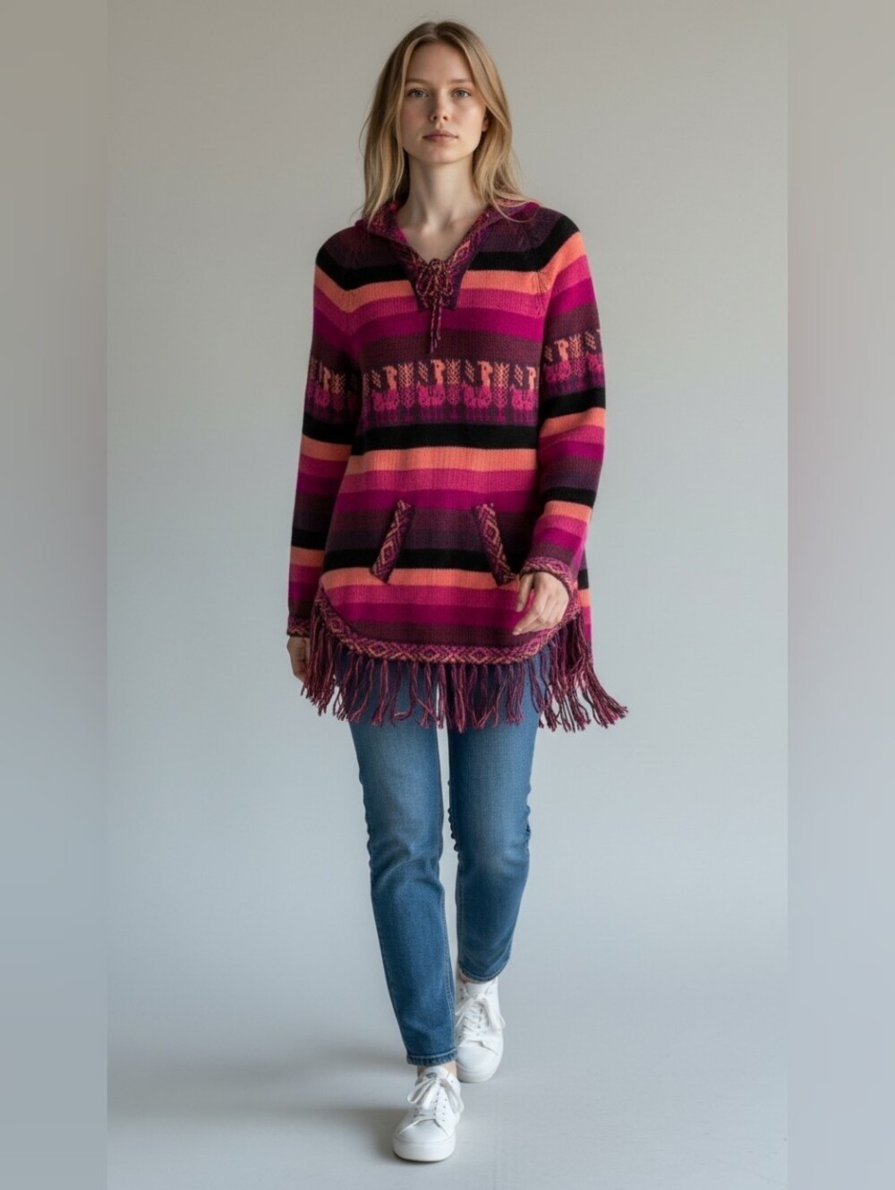 Alpaca Fringed Striped Pullover Hoodie in Pink Multi Color Soft And Cozy!
